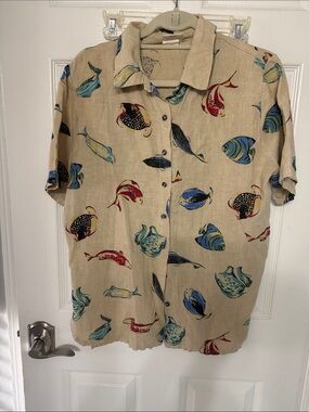 Y2K Tom Tom California linen tropical fish blouse shirt top oversized